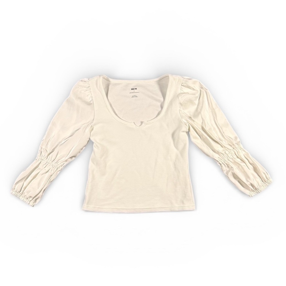 Maeve Anthropologie Puff Sleeve Scoop Neck Ribbed Knit Top white XS cottagecore‎